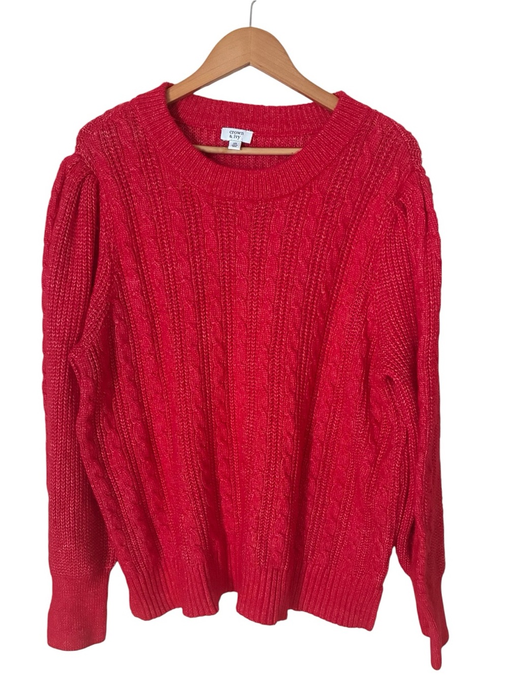 Crown & Ivy Sz 3X Red Marbled Cable Knit Puff Sleeve Sweater